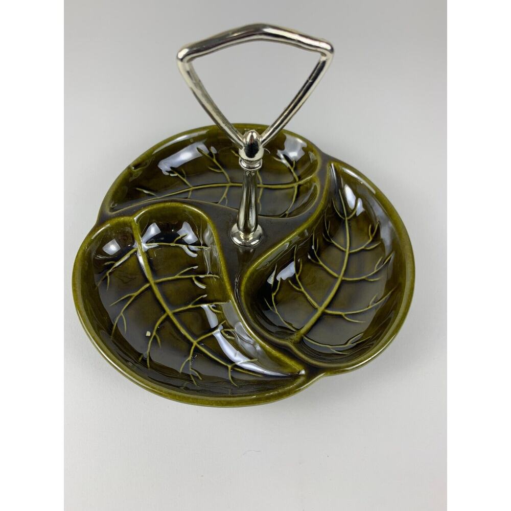 Royal Haeger Green Divided Serving Dish Handle Leaf Pattern 849-H Vintage READ